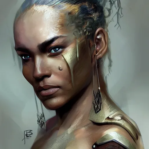 Image similar to beautiful, very strong, mixed race, female, middle aged, face, no makeup, no tattoos, warrior, battle hardened, head shot, fantasy, highly detailed, digital painting, artstation, concept art, smooth, sharp focus, illustration, art by jodie muir and brom