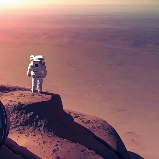 Image similar to an astronaut with their back to the camera, standing on top of a tall cliff, looking out over a futuristic city on mars in the distance, cinematic, ultra realistic, 8 k, hd render