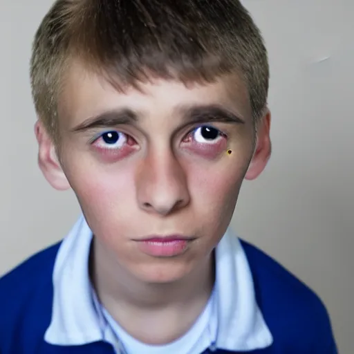 Image similar to serious looking 9 year old boy with crossed googly eyes