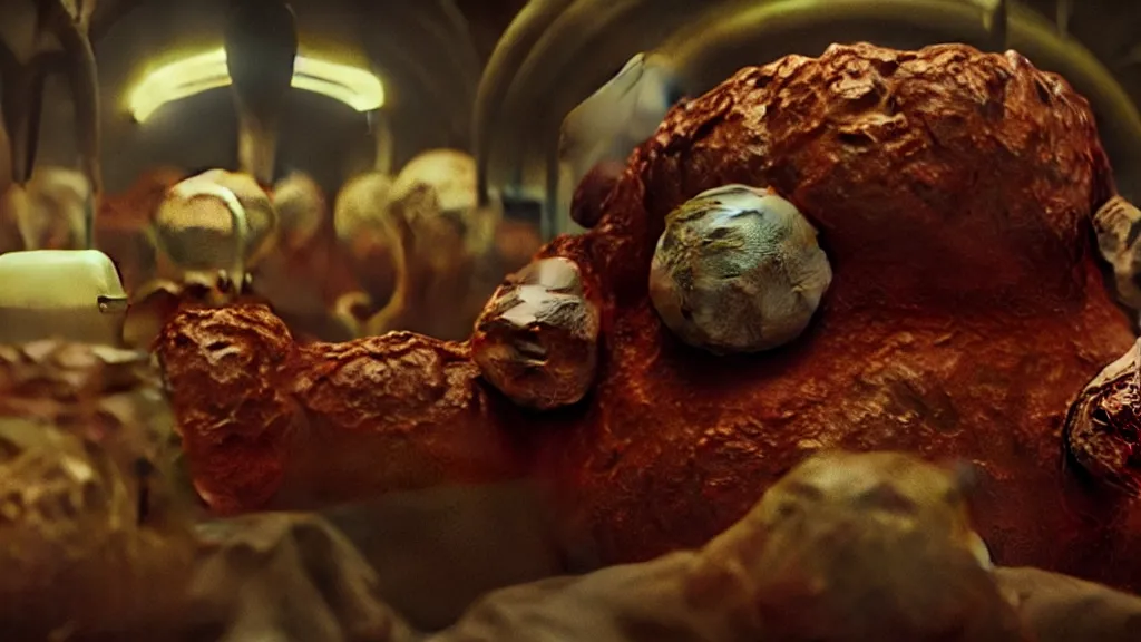 Image similar to the strange meatball creature at the fast food place, film still from the movie directed by denis villeneuve and david cronenberg with art direction by salvador dali and zdzisław beksinski, wide lens