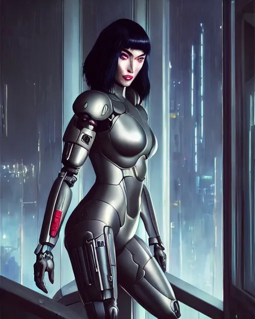 Image similar to weta disney movie still portrait photo of megan fox as the major ghost in the shell as cyborg woman by pixar, by weta, wlop, ilya kuvshinov, rossdraws, artgerm, maxim cover, latex, sweaty, iridescent, bright morning, anime, liosh, mucha