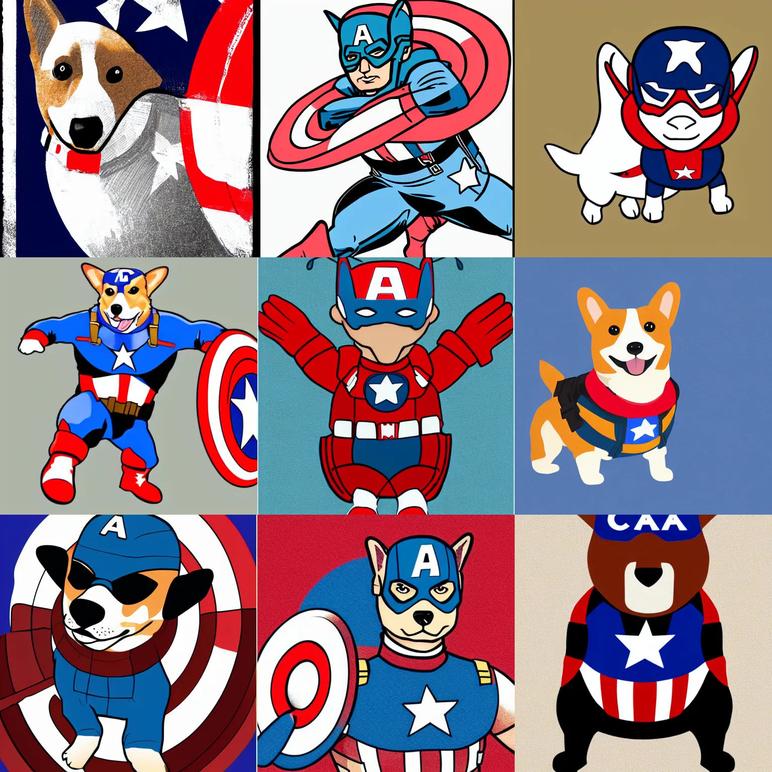 Prompt: a corgi dressed as captain America, vector illustration, no cutoff