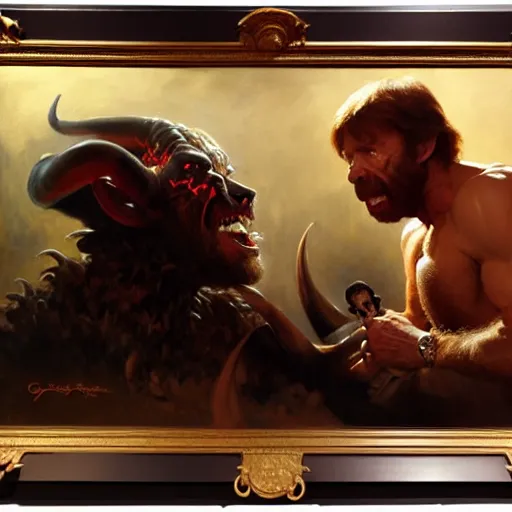 Image similar to chuck norris is in his bed, nervous and terrified, because a double horned shadow figure from hell is attacking him. highly detailed painting by gaston bussiere, j. c. leyendecker, greg rutkowski, craig mullins 8 k