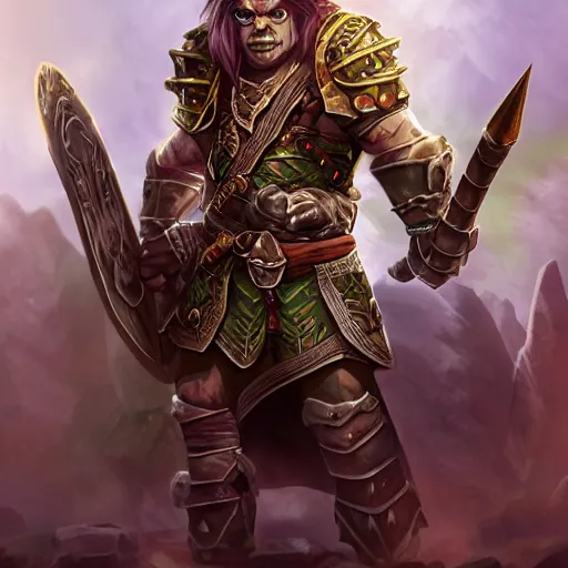 Image similar to full body portrait of half orc cleric, dungeons and dragons, male, wearing eye shadow, ornate armor, shallow depth of field, highly detailed, photograph, volumetric lighting, dynamic pose