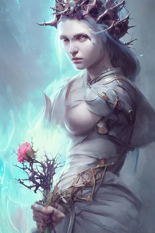 Image similar to portrait of cute gith maiden girl with crown of thorns and white hairs, warhammer, cyberpunk, 3 d render, hyper realistic detailed portrait, holding magic flowers, scifi, fantasy, hyper detailed, octane render, concept art, peter mohrbacher, artgerm, ruan jia, wlop