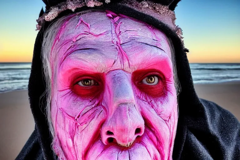 Prompt: professional instagram selfie of an undead elder lich with a magnificent regal robe at the beach wearing pink makeup and mascara, misty bokeh background, 3 5 mm lens, wide - angle, post - processing, stunning 8 k octane render, masterpiece portrait, face inspired by greg rutkowzki and artgerm, soft glow