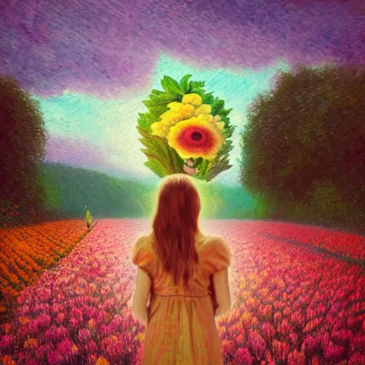 Image similar to girl with a huge flower as a face, surreal photography, dream, standing in flower field, hills, big trees, sunrise dramatic light, impressionist painting, colorful clouds, digital painting, pointillism, artstation, simon stalenhag, flower face