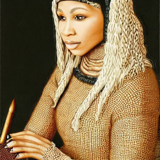 Image similar to nicki minaj knitting a sweater, medieval portrait, close up, highly detailed