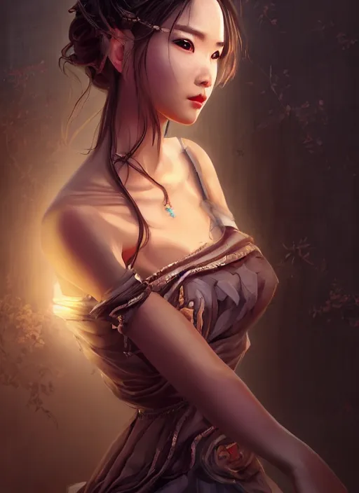 Image similar to beautiful fashion girl in ancient china, strapless dress, character portrait in the style of thomas river and artgerm, wlop, cinematic lighting, hyperdetailed, 8 k realistic, symmetrical, global illumination, radiant light, halo, love and mercy, frostbite 3 engine, cryengine, dof, trending on artstation, digital art, chanel