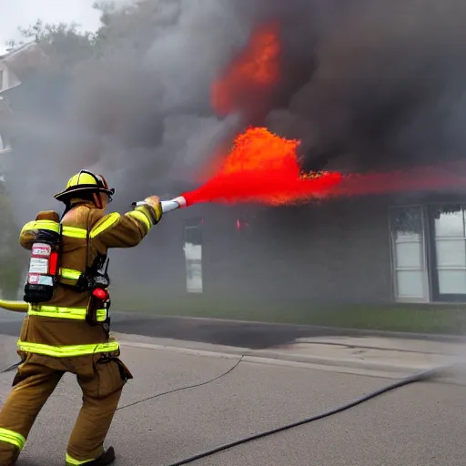 Image similar to Firefighters shooting firehose shaped flamethrower on to a building