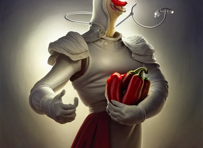 Image similar to anthropomorphic pepper wearing a white doctor's uniform, diffuse lighting, fantasy, hospital background, intricate, elegant, highly detailed, lifelike, photorealistic, digital painting, artstation, illustration, concept art, smooth, sharp focus, art by frank frazetta and marco bucci and loish and rossdraws and artgerm and alphonse mucha