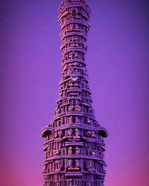 Image similar to detailed painting giant intricate tower structure carved out of complex bone with royal purple gems rendered in cinema 4 d octane