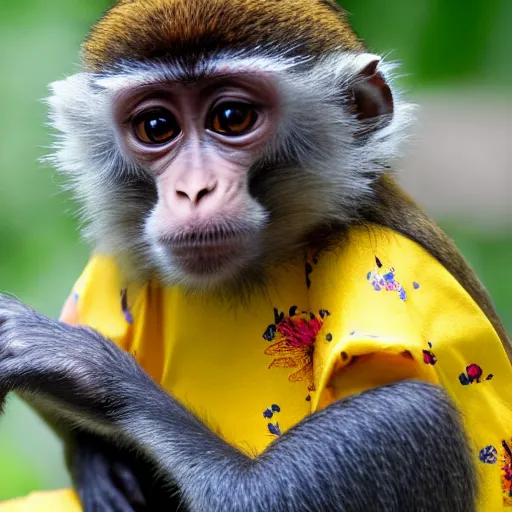 Image similar to a monkey wearing a yellow kimono, 8 k