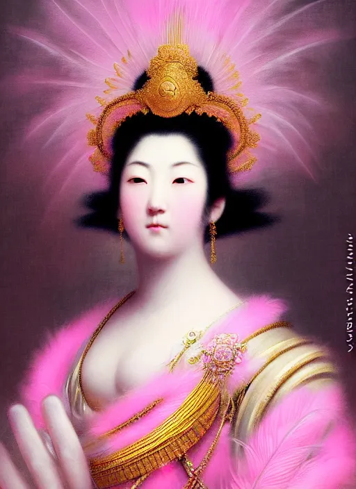 Prompt: stunning japanese godess princess, detailed pink and white million of feathers head peace against a black backdrop by ivan aivazovsky, 3 / 4 view portrait, wlop, super sharp details, photorealism, canon 5 d, 5 0 mm lens, stunning photoshot, beautiful soft lighting, muted colours, artstation