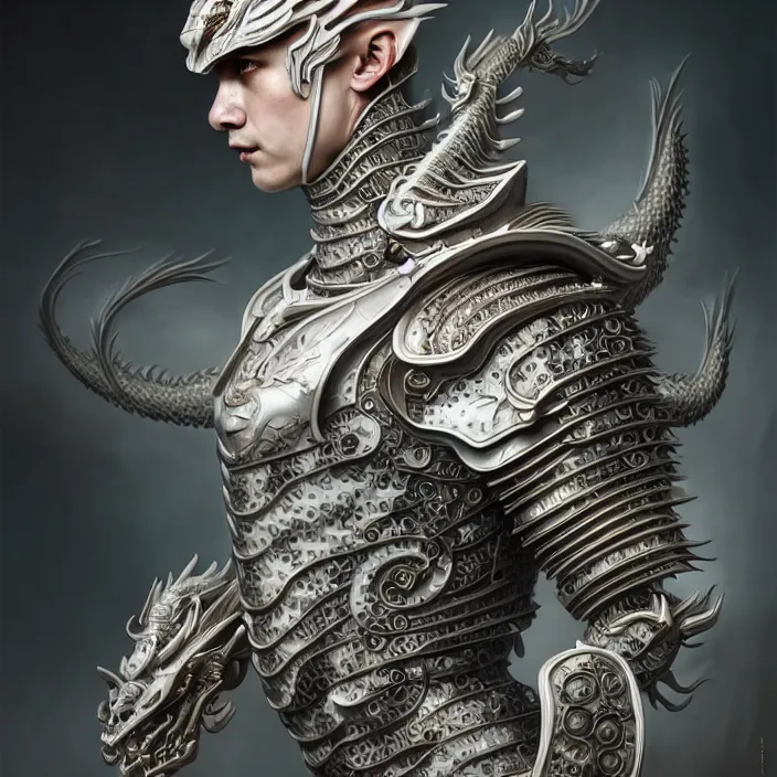 Image similar to man wearing porcelain cyborg armor, Chinese Kangxi dragon pattern porcelain, diffuse lighting, fantasy, intricate, elegant, highly detailed, lifelike, photorealistic, digital painting, artstation, illustration, concept art, smooth, sharp focus, art by John Collier and Albert Aublet and Krenz Cushart and Artem Demura and Alphonse Mucha