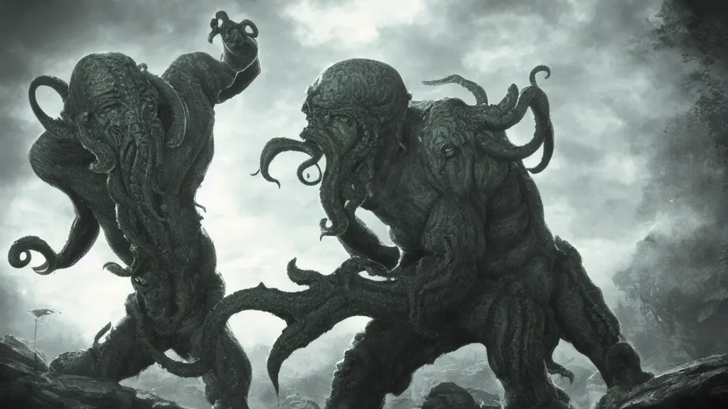 Image similar to chuck norris Fight with the giants cthulhu, cgi, trending artstation