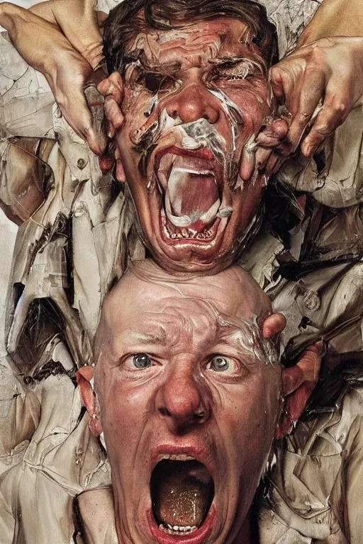 Image similar to portrait of one enraged man, part by Jenny Saville, part by Lucian Freud, part by Norman Rockwell