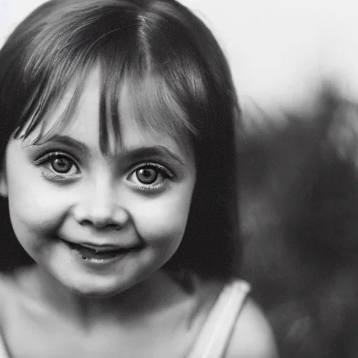 Image similar to a young girl with big eyes smiling for the camera