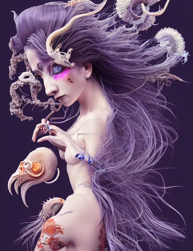 Prompt: 3 d goddess half - turn portrait with long hair with ram skull. beautiful intricately detailed japanese crow kitsune mask and clasical japanese kimono. betta fish, jellyfish phoenix, bio luminescent, plasma, ice, water, wind, creature, artwork by tooth wu and wlop and beeple and greg rutkowski