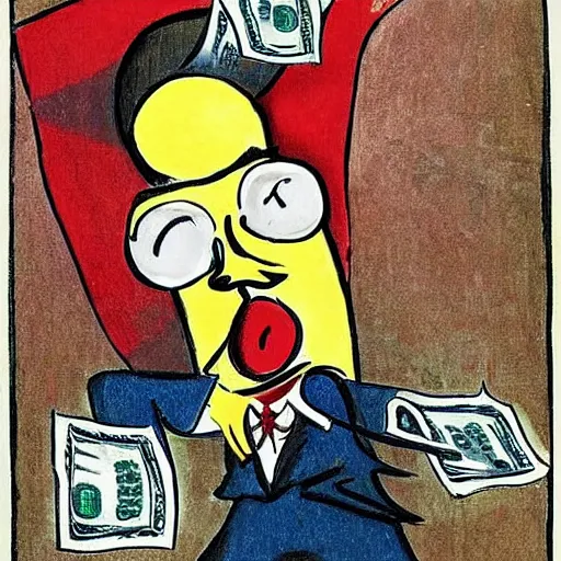 Prompt: A colorful expressionist drawing of a crazy banker with a red nose throwing money in the air in the Victorian Age