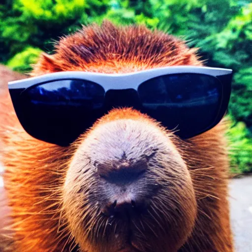 Prompt: super ultra happy capybara smiling at camera while wearing sunglasses and a hawaiian shirt