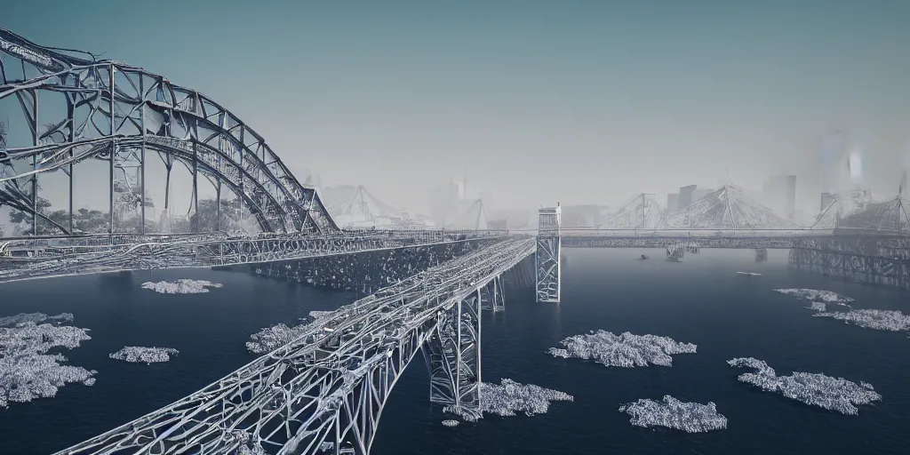 Image similar to explosions in the form of realistic white cotton plants on harbour bridge, huge white cotton everywhere on the destroyed harbour bridge, smooth, sharp focus, highly detailed, 3 d octane render, epic lighting, lots of white cotton, 8 k