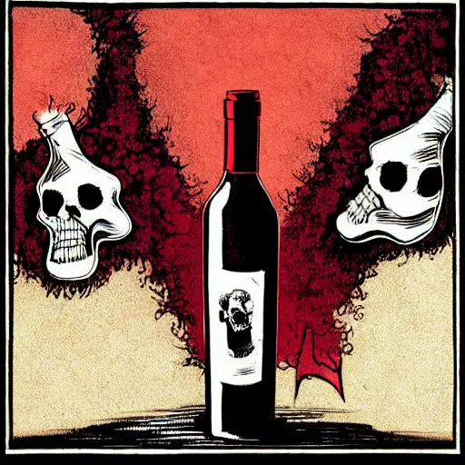 Prompt: precisely drawn illustration of bottle of red wine shaped like a skull, wide angle, sharp, fine details, french comic style, vibrant realistic colors, full color, heroic fantasy, intense line art, 8 k, precise linework, realistic, in the style of heavy metal comics and richard corben and moebius