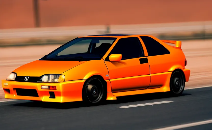 Prompt: photograph of a cell-shaded orange Honda EK9 Type-R, speeding on a desert road with a futuristic city in the horizon, kicking up dirt, action shot, one point perspective, sigma 85mm f/1.4, 4k, depth of field, high resolution, 4k, 8k, hd, full color