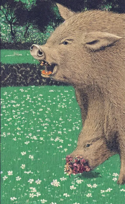 Image similar to by akio watanabe, manga art, boar eating in a field of clovers, trading card front