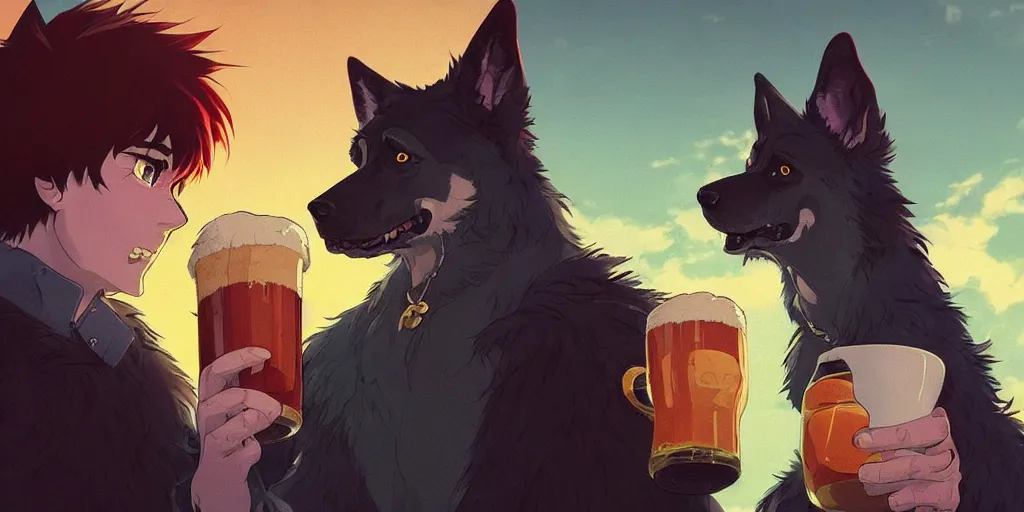 Image similar to a two german shepherds beast - men, holding a mug of beer, a lot of pockets, fur cape, tavern background, magical, bright, colorful, fantastic lighting, amazing details, 4 k uhd, illustration by hayao miyazaki and makoto shinkai and ilya kuvshinov, artstation, pixiv,