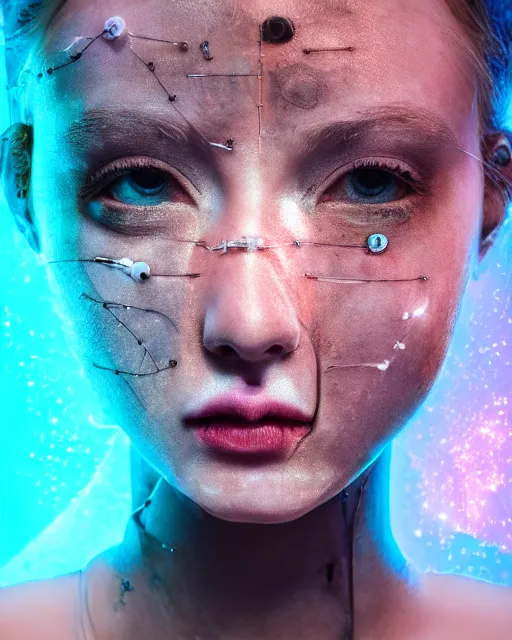 Prompt: portrait photo of dreamy female as a solarpunk cyborg with fluorescent lamps over face, robotic body parts around neck, real human face with skin, ultra - realistic and detailed, long exposure, soft focus hdr 8 k