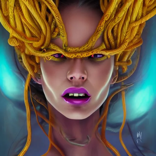 Image similar to medusa portrait painting, vibrtant, colorful, wicked grin, yellow cat eyes, artstation, detailed, blurred background