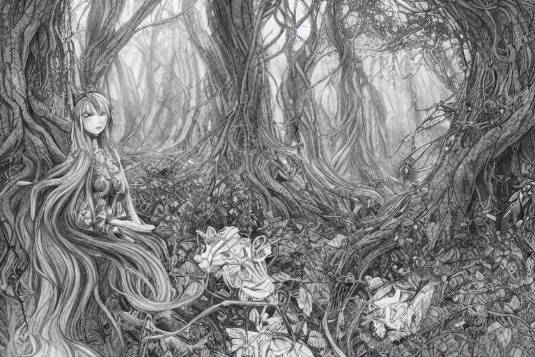 Image similar to fae living in the forest, beautiful, mesmerizing, concept art, intricate linework, detailed and intricate environment, artstation, inspired by monstress, sana takeda