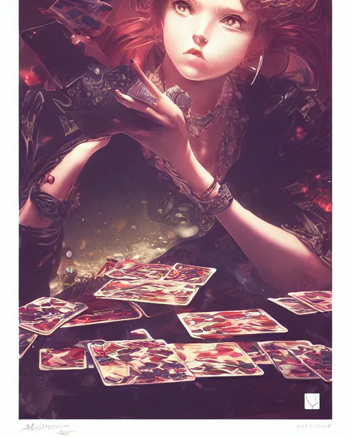 Image similar to a girl shuffling cards, midshot single subject, art poster, ambient lighting, detailed, by ayami kojima, makoto shinkai, kilian eng