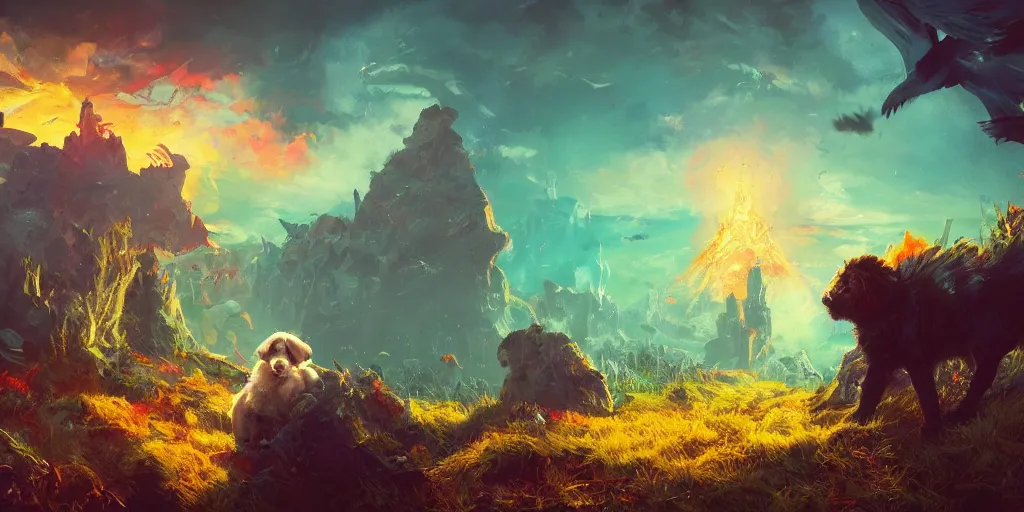 Image similar to all of our pets go to heaven, colorful, contrast, 3 d scene, greg rutkowski, zabrocki, karlkka, jayison devadas, trending on artstation, 8 k, ultra wide angle, zenith view, pincushion lens effect