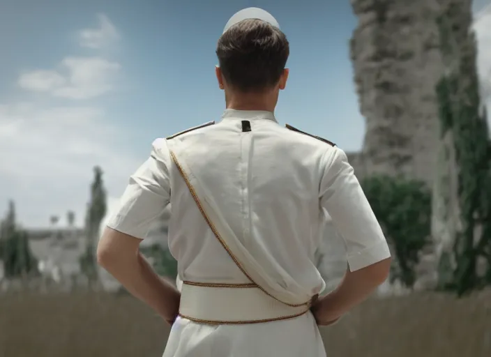 Prompt: proud man wearing a white tunic uniform, no medals, no epaulettes, his arms are behind his back, ultra realistic, 4 k, movie still, uhd, sharp, detailed, cinematic, render, modern