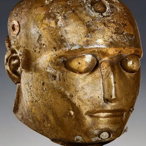 Image similar to an extremely ancient ironman bust that is tarnished and covered in sediment from uncovered earth expedition, rare photograph, smithsonian,