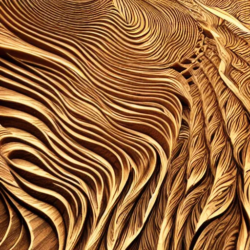 Image similar to a very intricate wood sculpture in the shape and texture of waves, fractal patterns, deep and expressive grain patterns, volumetric lighting, light rays, photorealistic, ultrarealistic, coronarender, 8k