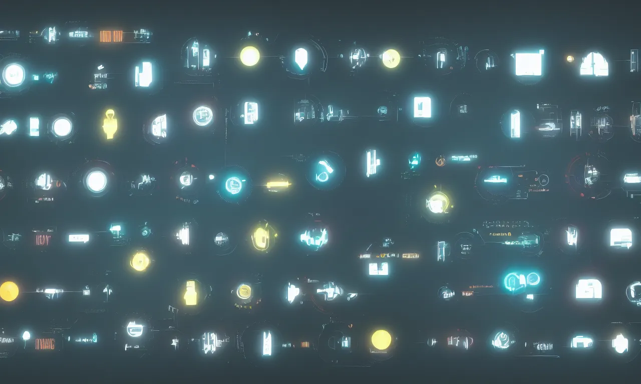 Image similar to futuristic application icons, GUI, software ICONS, operating system icons, design, modern, cinematic lighting, cinematic composition, in blade runner style