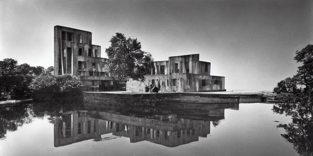 Image similar to a floating upside down brutalism architecture, ilford hp 3, photo from 1 9 5 0, emerged by a river