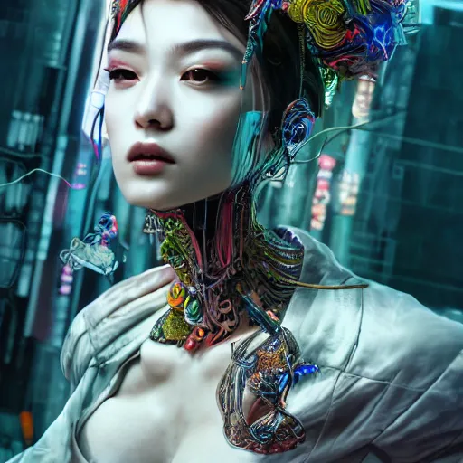 Image similar to the portrait of an absurdly beautiful, graceful, elegant, sophisticated, fashionable cyberpunk gravure idol, an ultrafine hyperdetailed illustration by kim jung gi, irakli nadar, hong june hyung, intricate linework, bright colors, porcelain skin, mixed metals, unreal engine 5 highly rendered, global illumination, radiant light, detailed and intricate environment