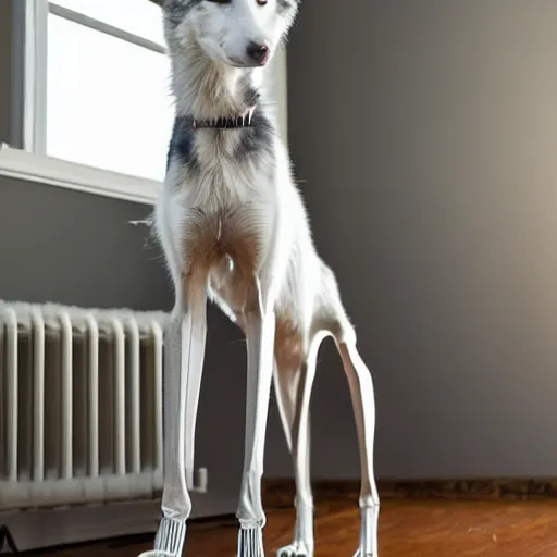 Prompt: 4 k photograph of an incredibly skinny husky dog, skeletal, indoors