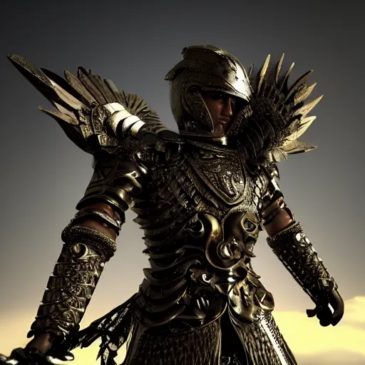 Image similar to warrior with metal eagle armour, highly detailed, dramatic lighting, cinematic, 4k