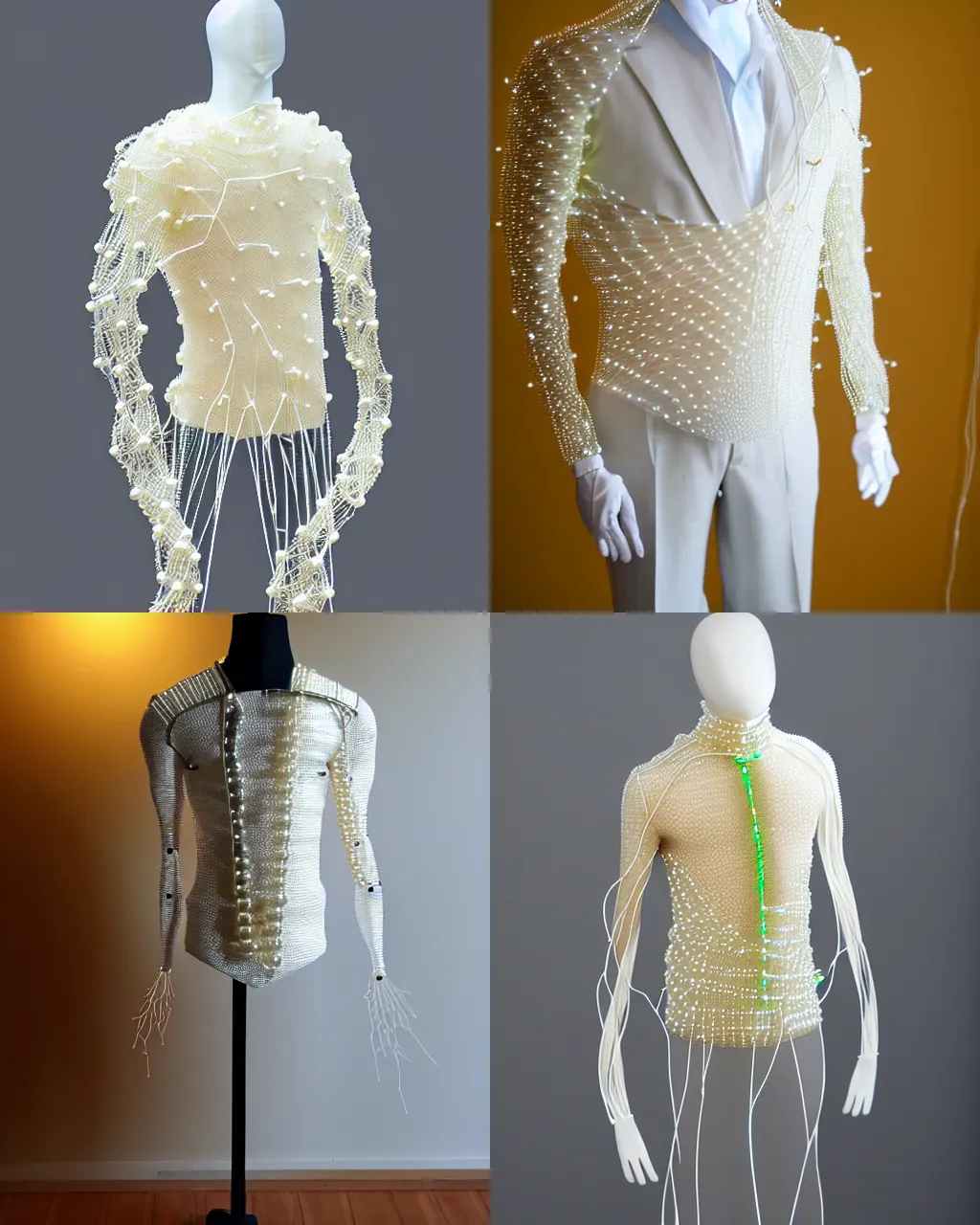 Prompt: suit made of wires and pearls piping fiber optics