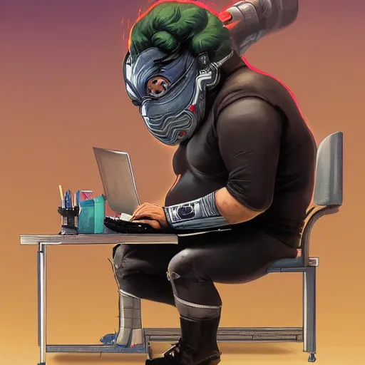 Image similar to an insanely detailed painting of a chubby nerdy asian man wearing a homemade superhero costume and mask, sitting at a computer desk typing on the keyboard, in the style of peter mohrbacher, dramatic lighting and composition, trending on artstation, concept art, comic book, graphic novel, back view