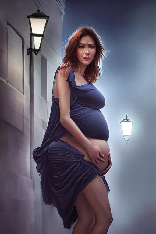 Image similar to pregnant woman under street light, highly detailed, sharp focused, ultra realistic digital concept art by Stanley Artgerm Lau