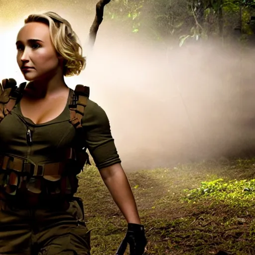 Image similar to cinematic scene with hayden panettiere as a commando in the jungle joining the ballte, action scene, dramatic, small details, volumetric lighting, ground mist, smoke, still frame