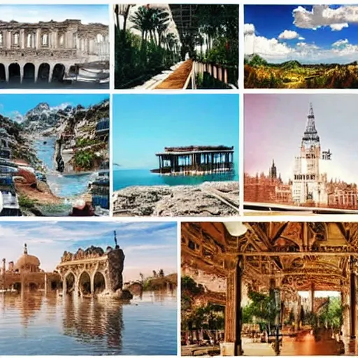 Prompt: a collage of places I want to visit for vacation