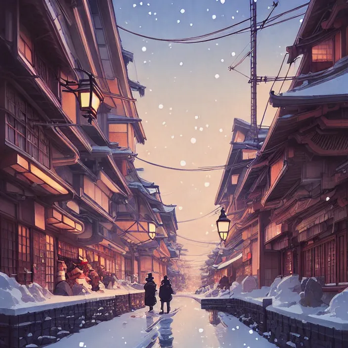 Image similar to japanese big city, winter, in the style of studio ghibli, j. c. leyendecker, greg rutkowski, artem