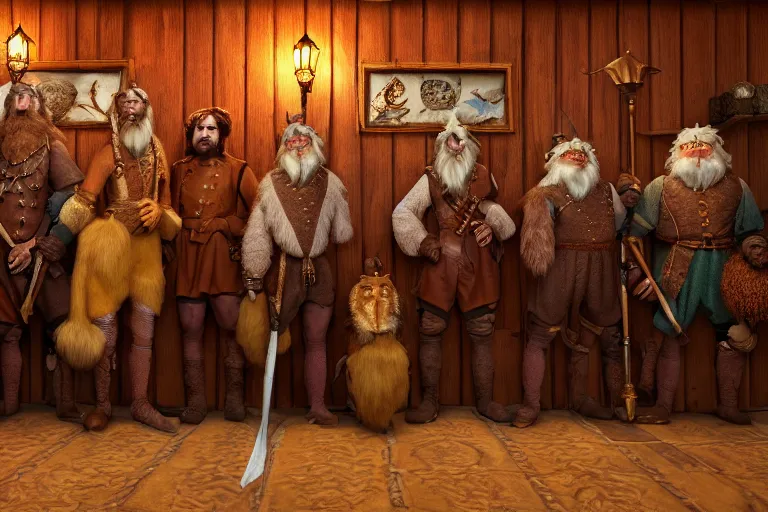 Image similar to A group of High Fantasy Creatures lined up for a portrait in a Tavern directed by Wes Anderson, Regal, Formal, Symmetrical, Satisfying, Dynamic lighting, Highly Detailed, Cinematic Lighting, 8k, HD